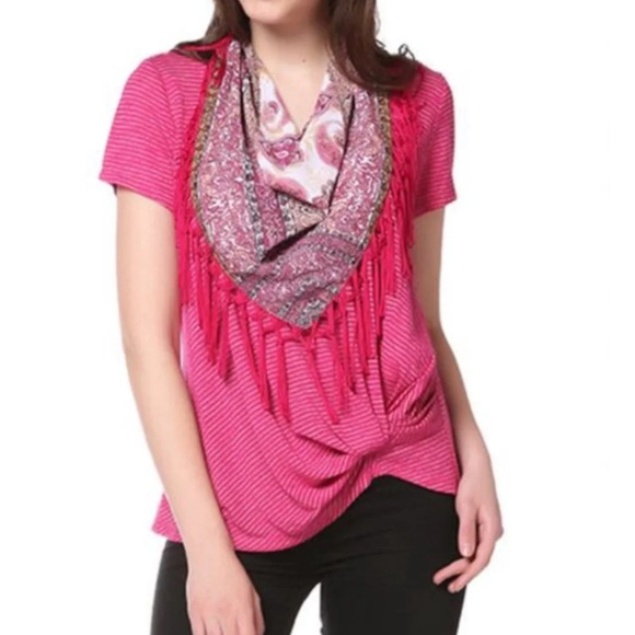 Energe World Wear Bohemian NWOT Pink Boho Striped W/Scarf & Twist Bottom Hem *XL - Picture 1 of 13